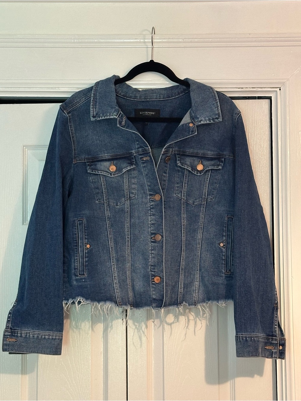 Liverpool Denim Jacket in Medium Blue - Women's Frayed Hem